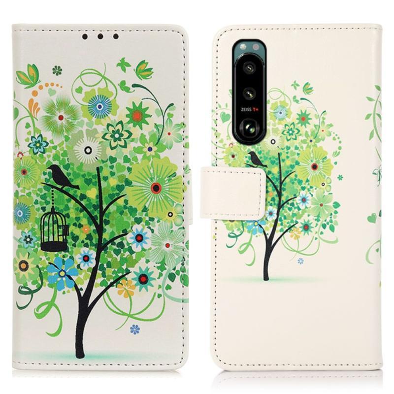 Sony Xperia III 5G Læder Cover med Grøn Træ Design